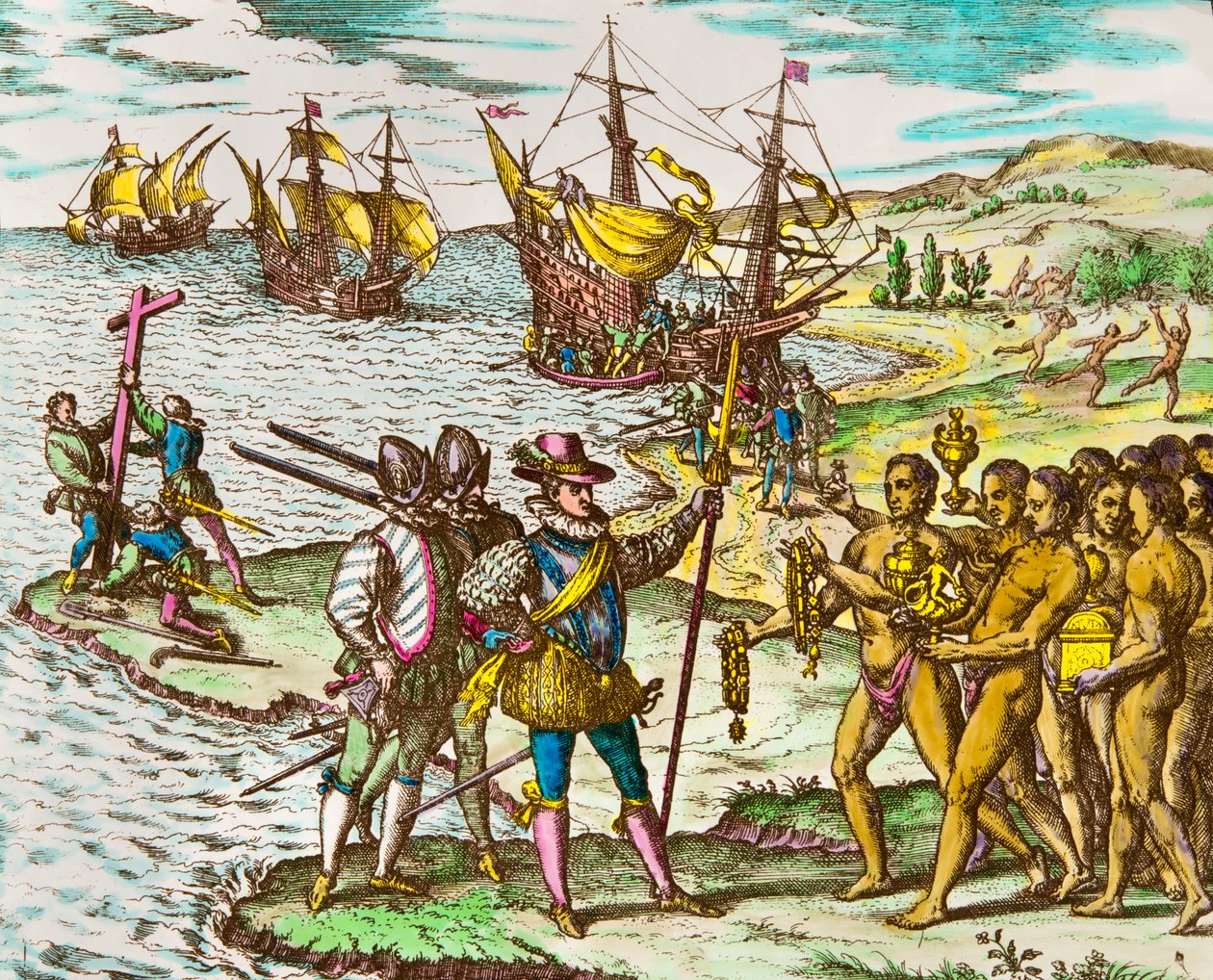 Amerika története: Kolumbusz Kristóf (1451-1506) felfedezőt az indiánok üdvözlik, amikor megérkezett az Újvilágba”” Metszet: Theodore De Bry (1528-1598) Metszet a 16. századról alkotó: Theodore de Bry