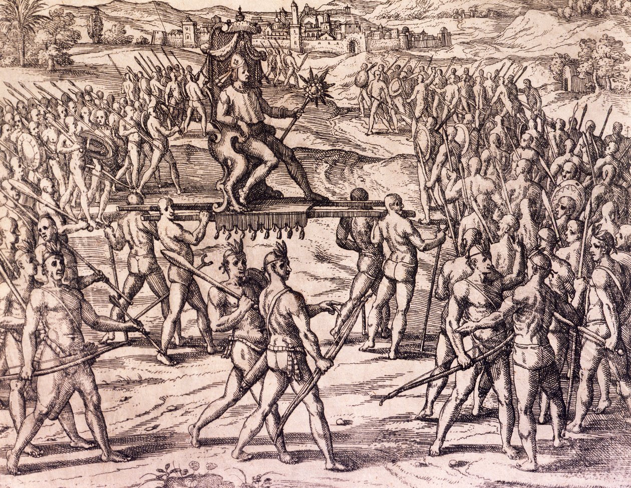 Atahualpa inka császárt legyőzték Francisco Pizarro (1475-kb. 1541) spanyol csapatai, Peru, Theodore de Bry (1528-1598) metszet az amerikai történelemből, Frankfurt alkotó: Theodore de Bry