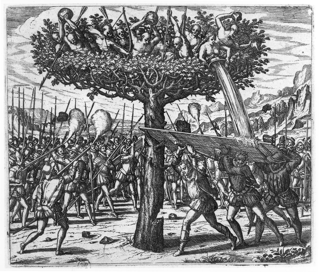 Indiánok egy fában lövedékek a spanyoloknál alkotó: Theodore de Bry