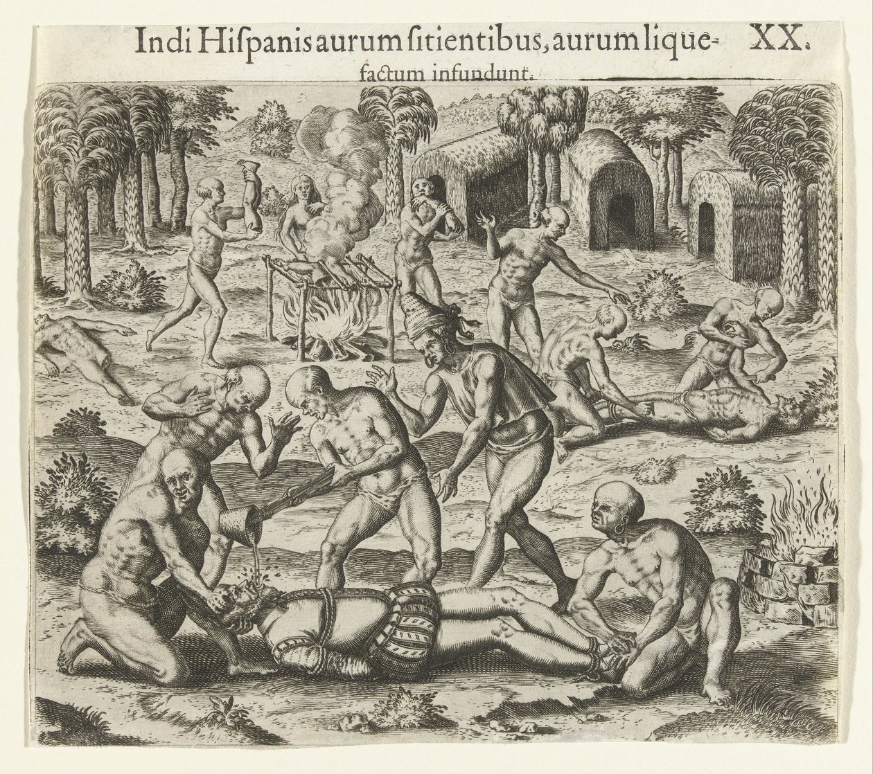 Az indiánok folyékony aranyat öntenek egy spanyol szájába, 1594. alkotó: Theodore de Bry