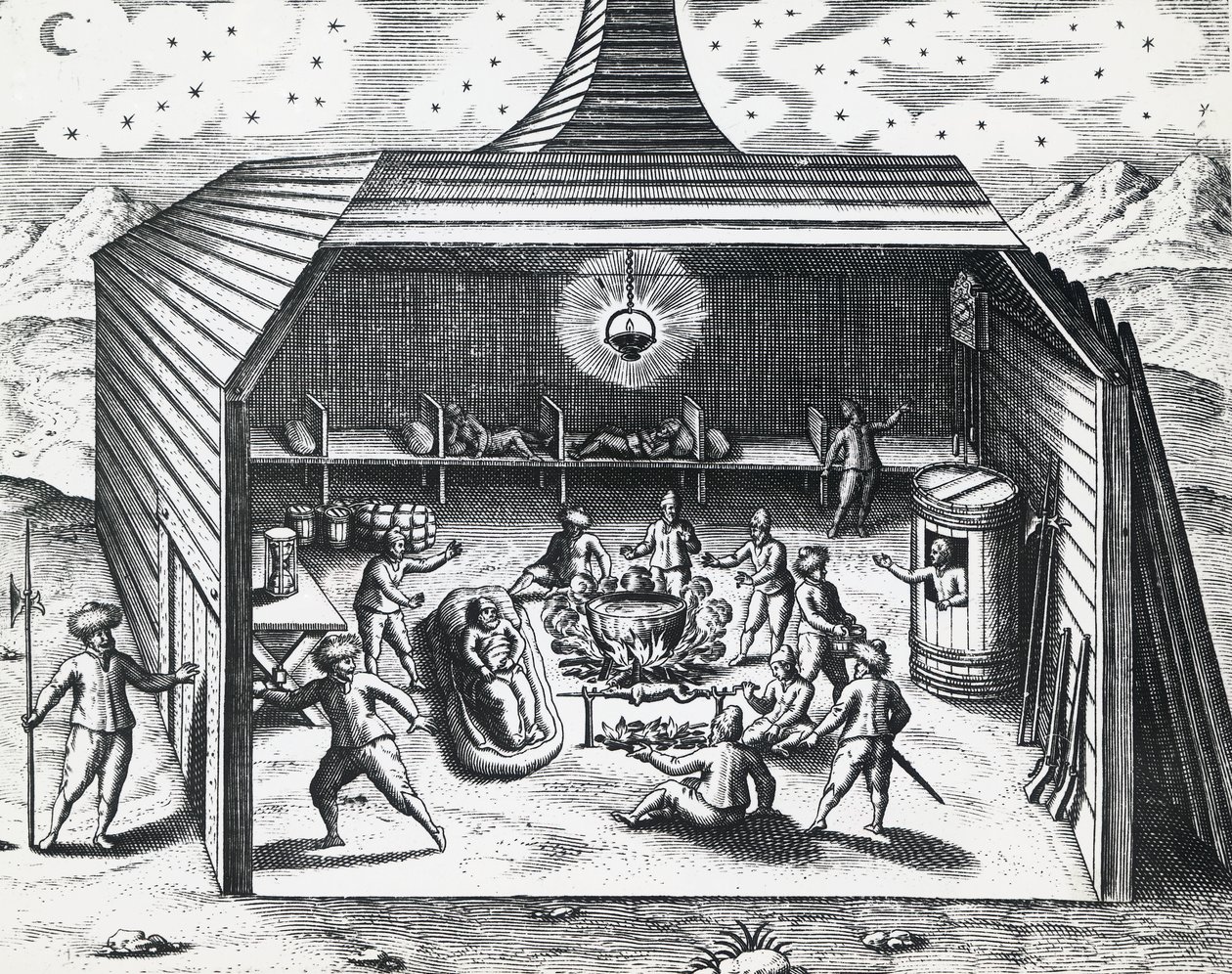 William Barents (kb. 1550-1597) téli otthonának belseje az orosz Novaja Zemlja szigetcsoportban, Theodor de Bry (1528-1598), metszet alkotó: Theodore de Bry