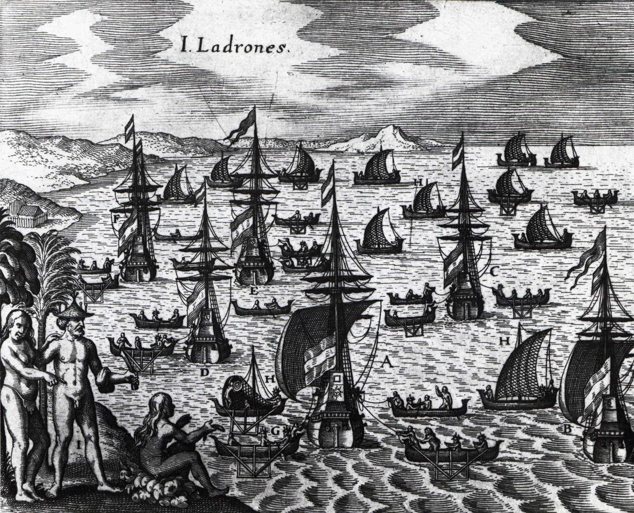 Tolvajok szigetei (Islas de los Ladrones, ma Marianas-szigetek), Theodor de Bry (1528-1598) metszete Peregrinationesből. 16. század alkotó: Theodore de Bry