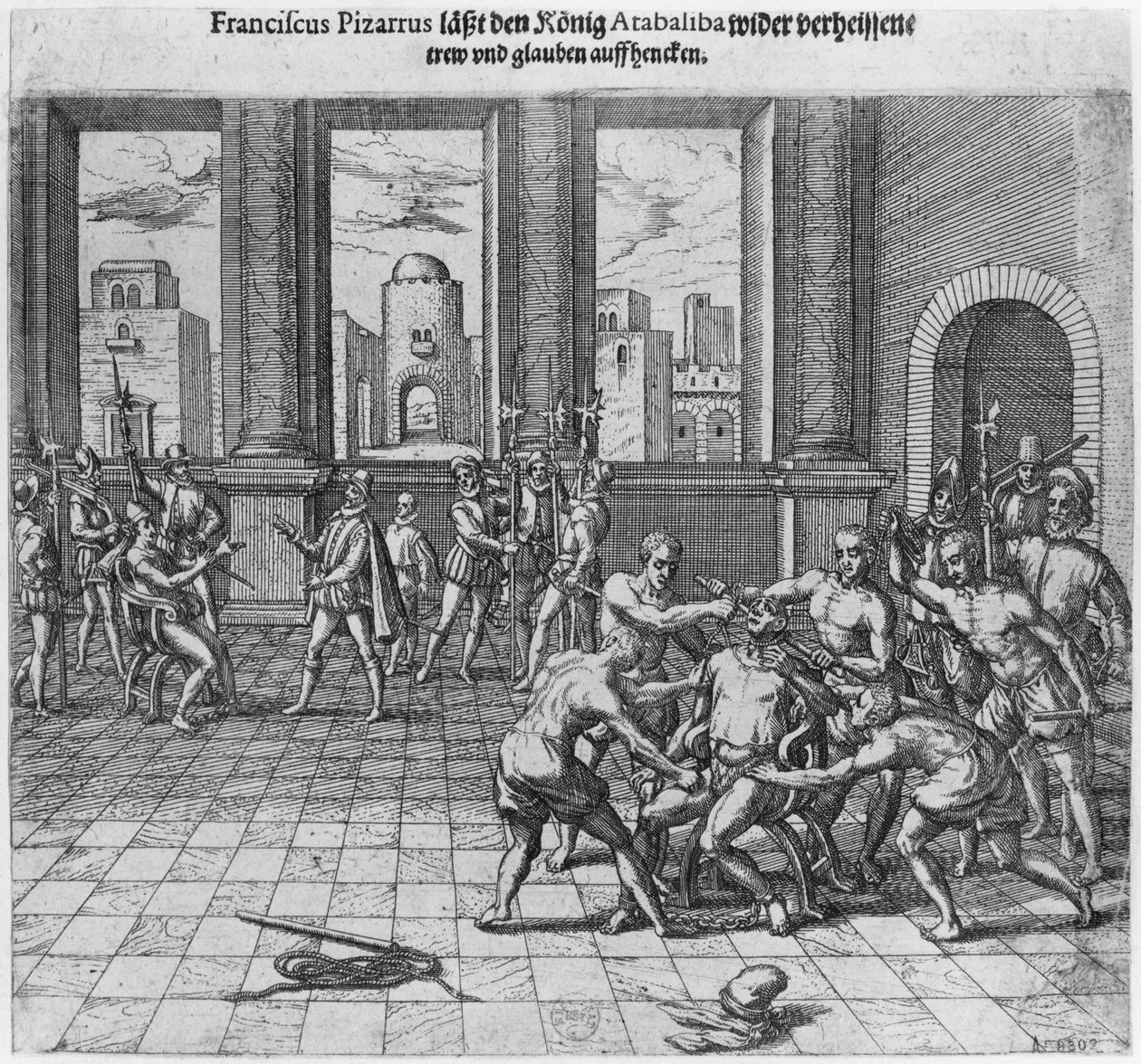 Atahualpa királyt (kb. 1502-33) Francisco Pizarro parancsára Cajamarcában kivégezték, 1533 alkotó: Theodore de Bry