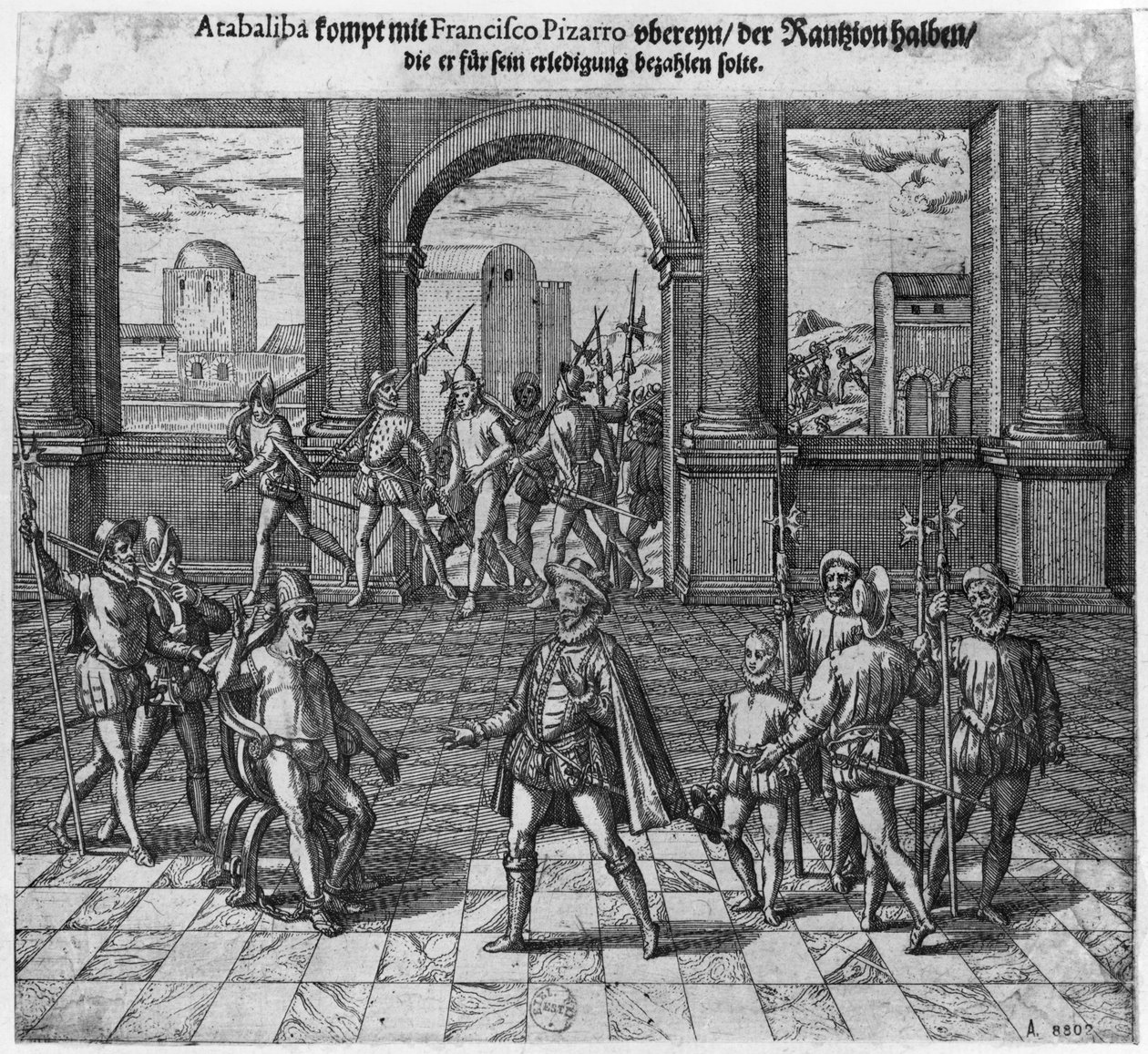 Atahualpa király (1502-33 körül) váltságdíját kezeli Francisco Pizarróval, 1533 (metszet) (fekete-fehér fotó) alkotó: Theodore de Bry