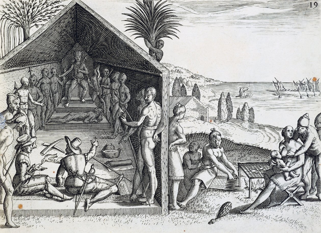 Király európai látogatókat fogad, Lopez-fok, Gabon, Theodor de Bry (1528-1598) indiai orientalis metszete, Afrika alkotó: Theodore de Bry