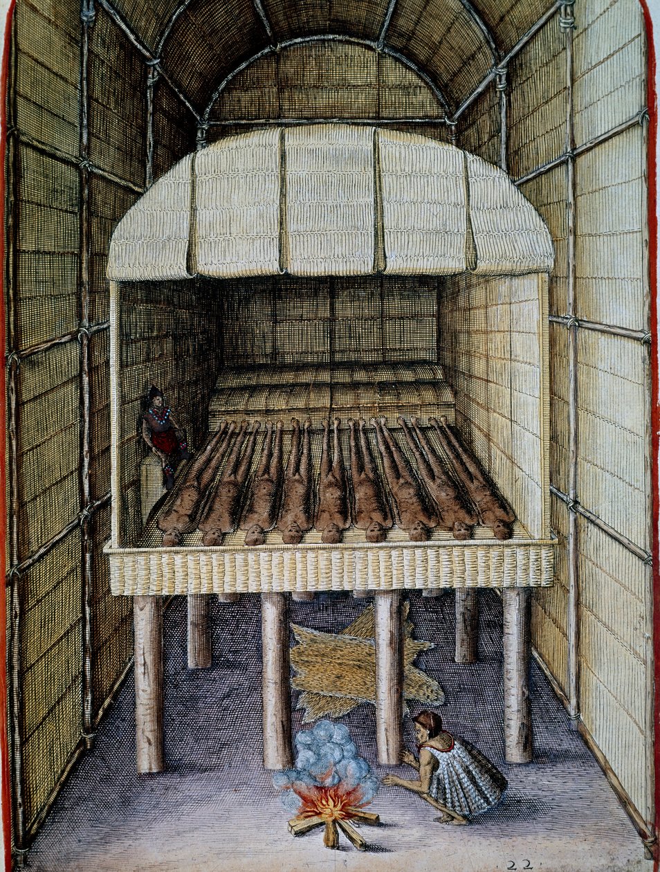 Bennszülöttek élete, halottak temetése, metszet: Theodor de Bry (1528-1598), Admiranda Narratio, trust tamen, commodis et de incolarum rites Virginia, Thomas Harriot (1560-1621), Észak-Amerika alkotó: Theodore de Bry