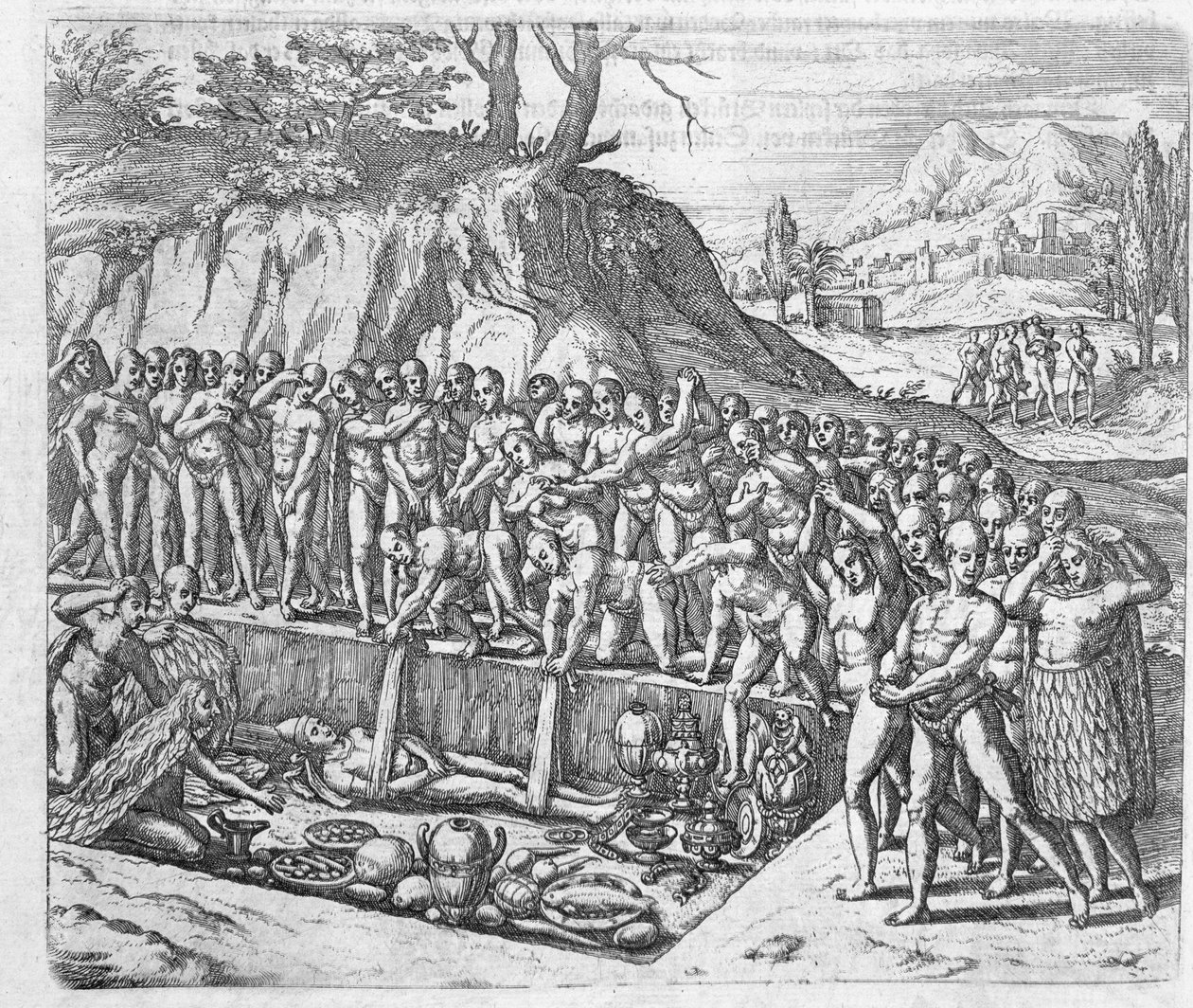 A perui királyok és nemesség temetésének módja Girolamo Benzoni Peru meghódításáról szóló beszámolójából, Johann Ludwig Gottfried „Newe Welt und Americanische Historien” című művéből, Mattaeus kiadásában alkotó: Theodore de Bry