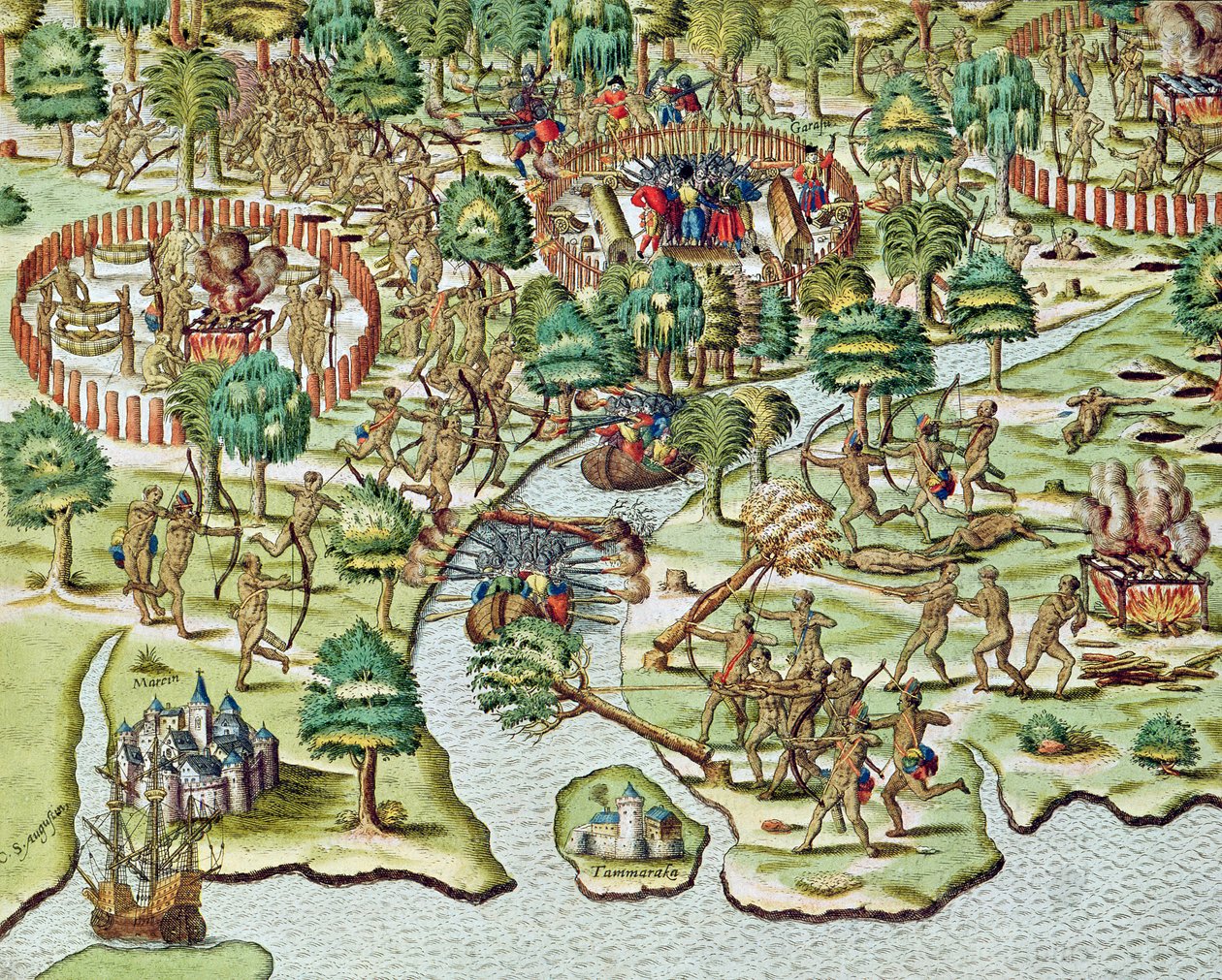 Az ostrom és támadás módszerei, az "Americae Tertia Pars...", 1592 alkotó: Theodore de Bry