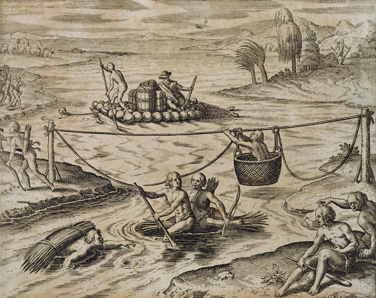 Őslakos amerikai indiánok lefelé a folyón, írta Theodore de Bry alkotó: Theodore de Bry