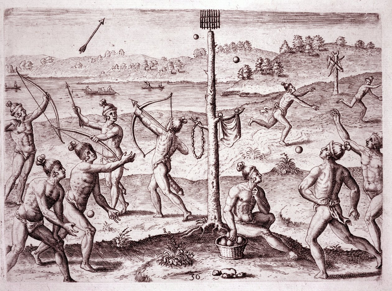 Amerikai őslakosok, akik futást, nyilak lövöldözést és labdadobást gyakorolnak, Florida (gravírozás alkotó: Theodore de Bry