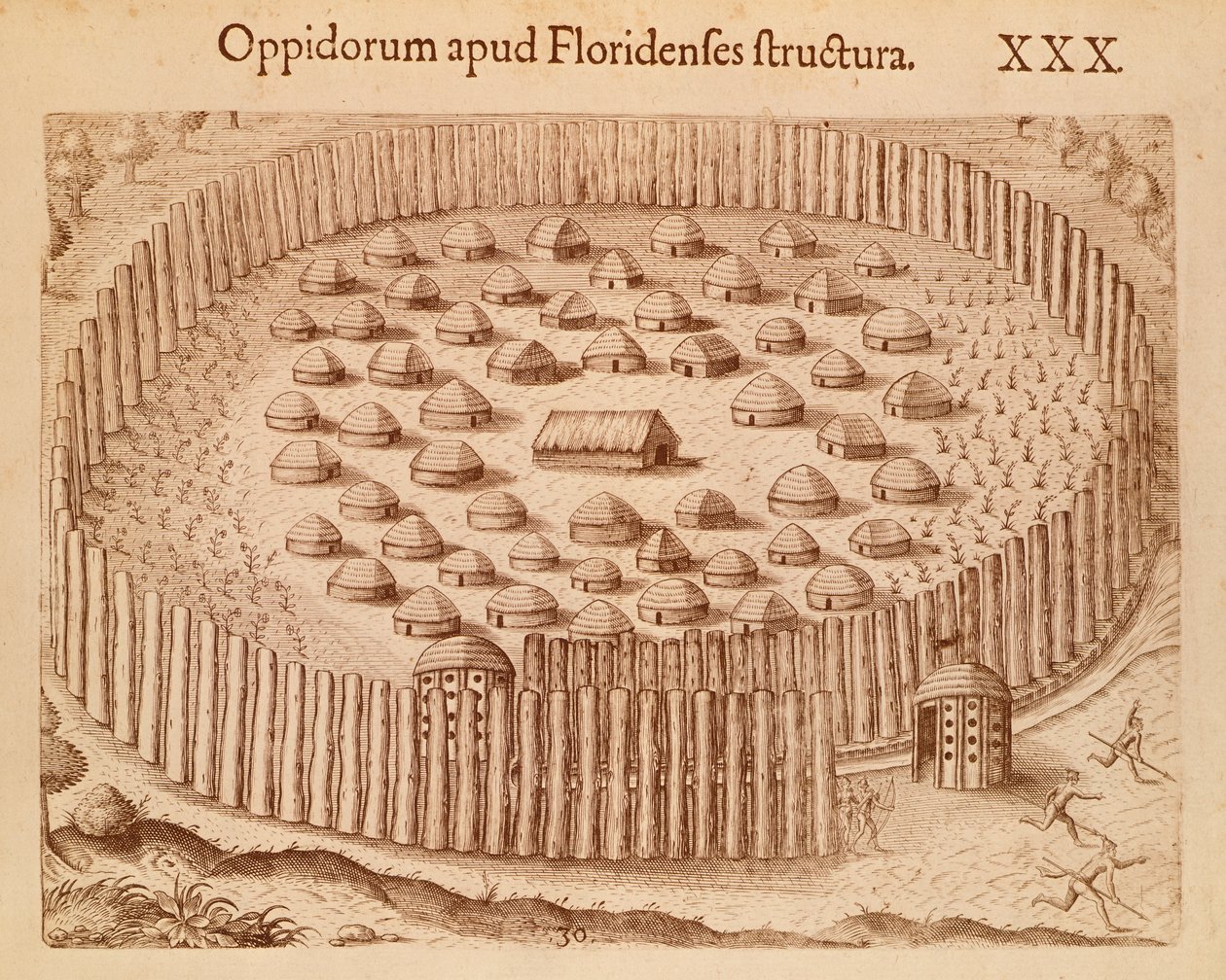 Native Village Floridában, Theodore de Bry illusztrációja a Floridai diskurzusból alkotó: Theodore de Bry