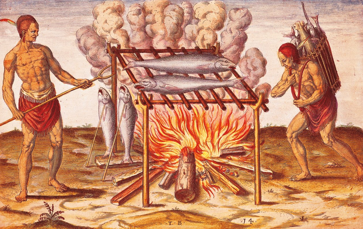 Bennszülöttek élete: Theodore De Bry Admiranda Narratio című elbeszéléséből származó illusztráció: Hogyan főznek halat az indiánok? alkotó: Theodore de Bry