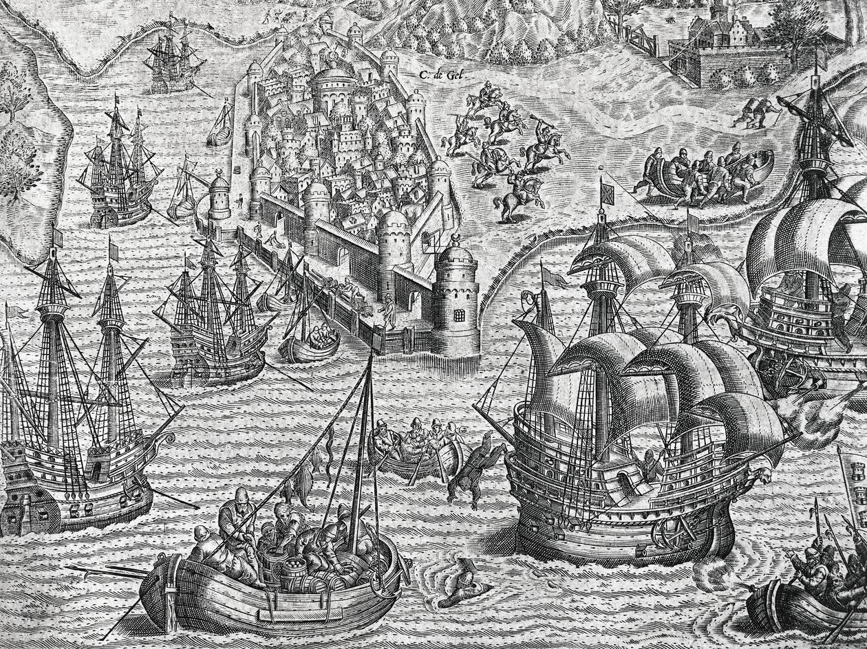 Tengeri csata, metszet az amerikai történelemből, Theodore de Bry (1528-1598), Frankfurt alkotó: Theodore de Bry