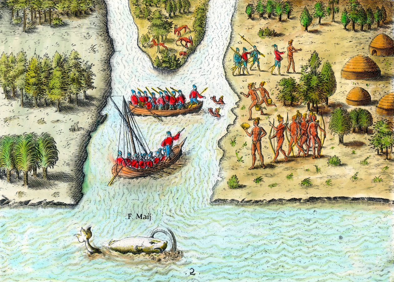 A franciák hajózása Dél-Amerikában a 16. században”. Egy bálna van ábrázolva. Theodore De Bry (1528-1598) 16. századi magángyűjteményéből készült metszet: „Amerika története” alkotó: Theodore de Bry