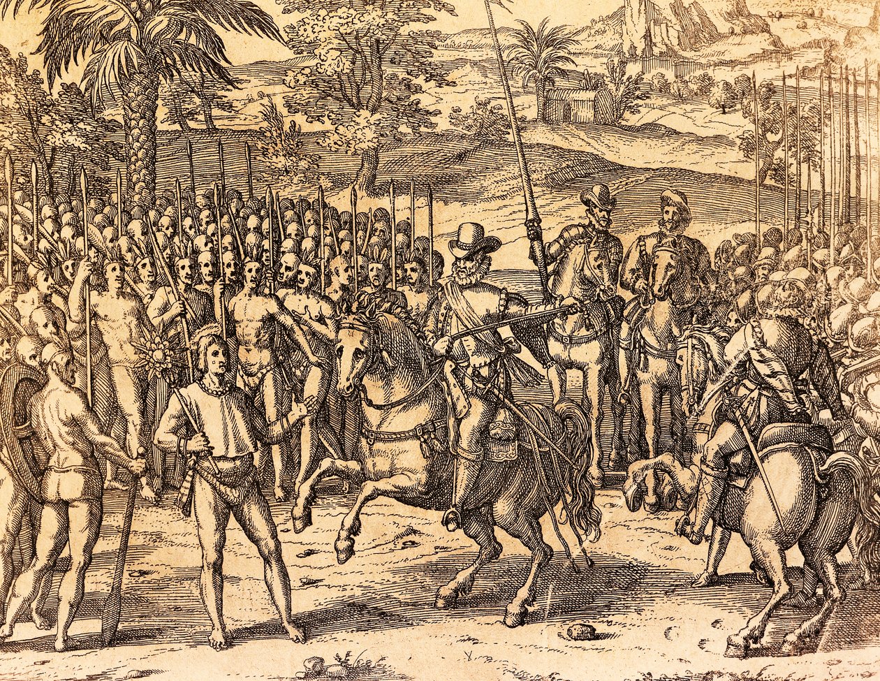 Pizarrót üdvözölték a bennszülöttek, Theodore de Bry illusztrációja az amerikai történelemből alkotó: Theodore de Bry