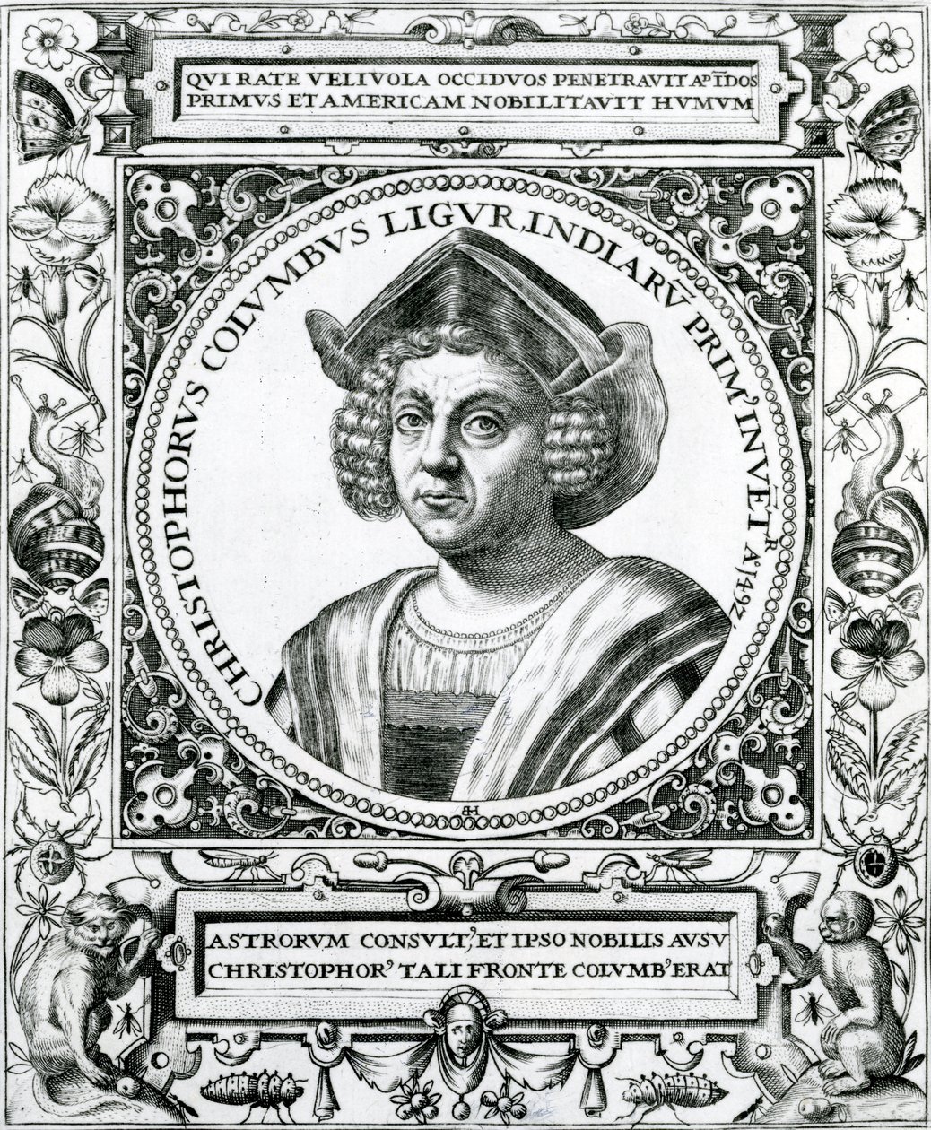 Kolumbusz Kristóf (1451-1506) portréja a Justin Winsor által szerkesztett "The Narrative and Critical History of America" című könyvből, London, 1886. alkotó: Theodore de Bry