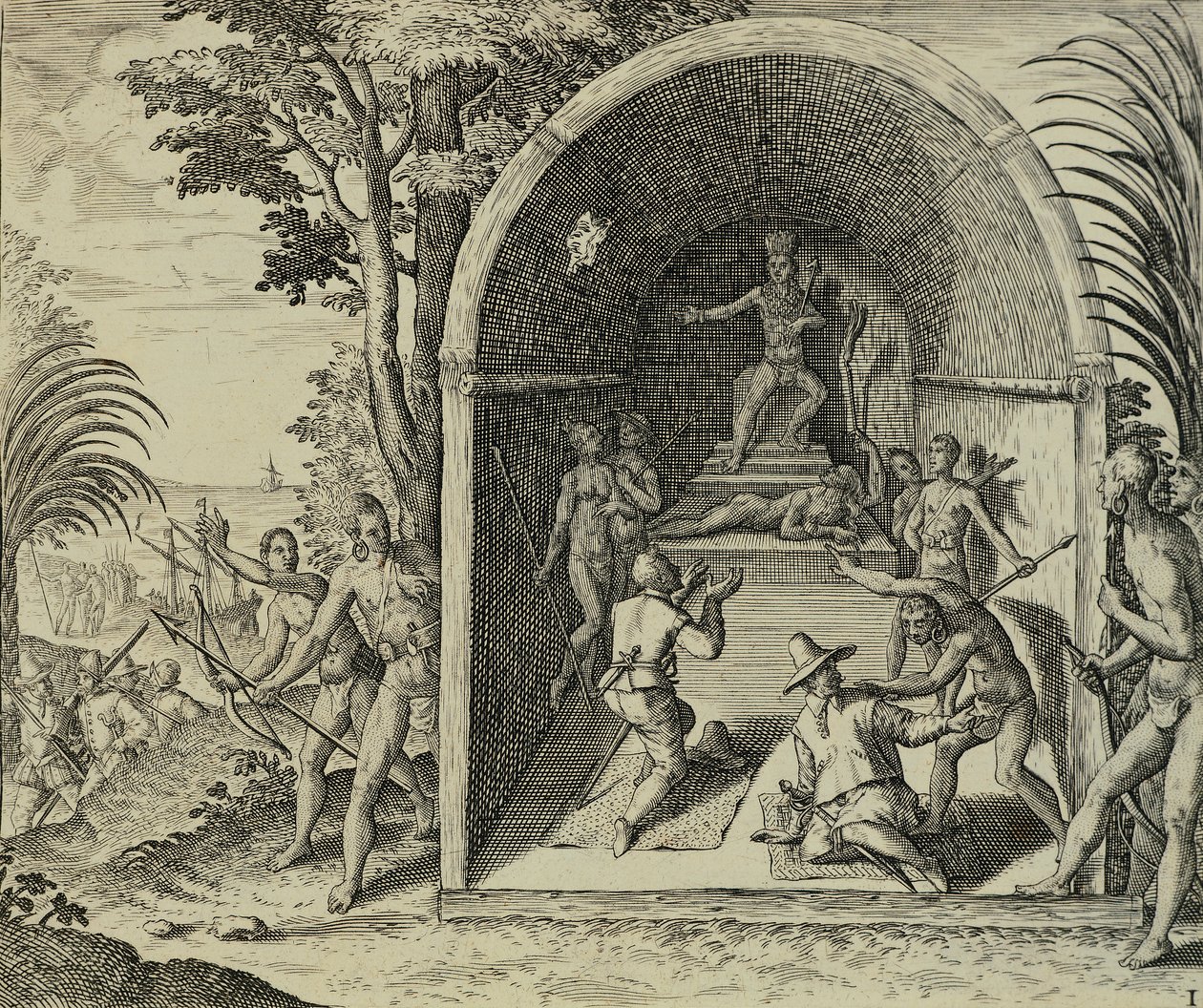 Portugál navigátorok érkeznek Etiópiába, Illusztráció Kelet-Indiából, Antonio Pigafetta, Theodore de Bry alkotó: Theodore de Bry