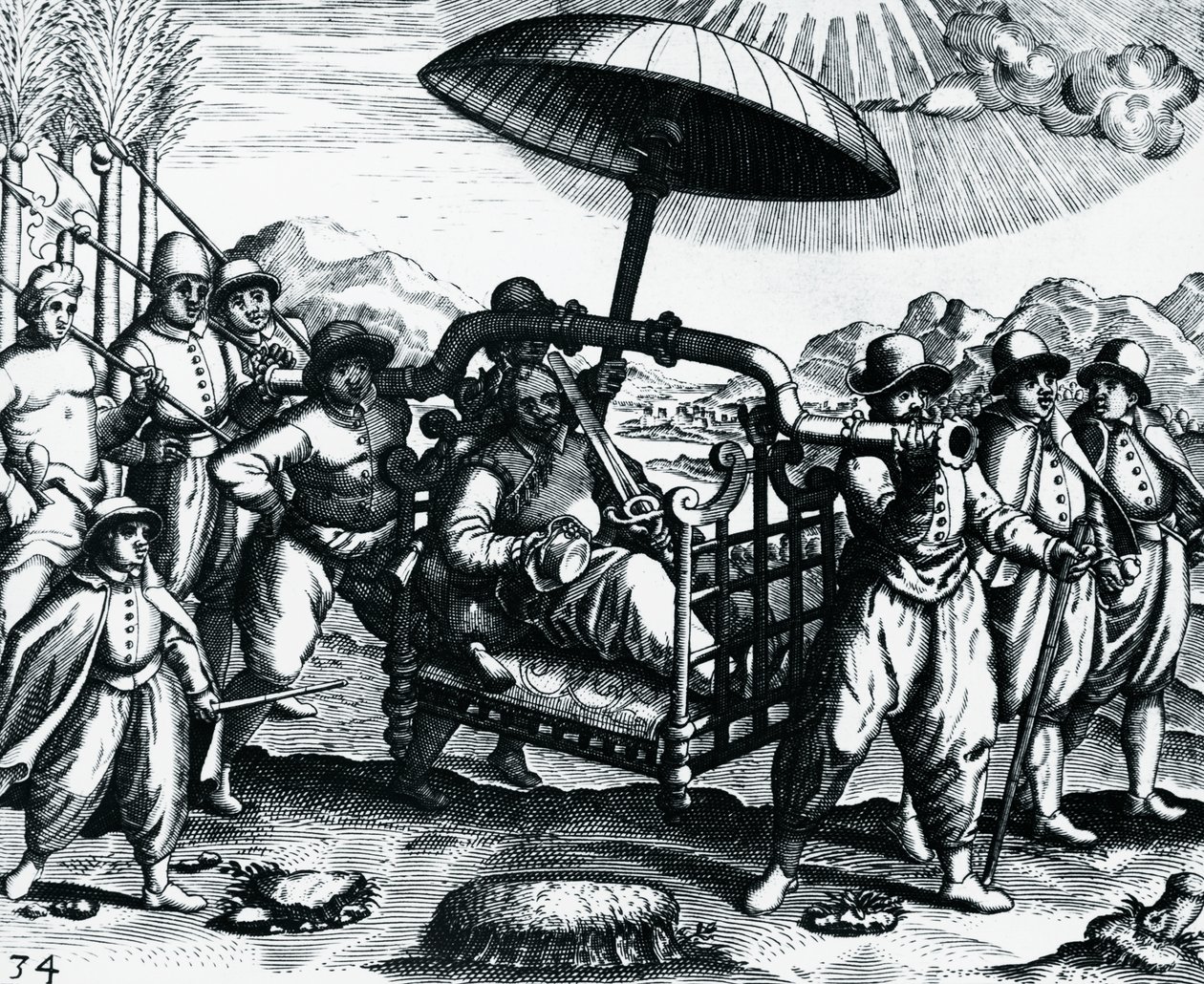 Portugál Indiában, alomon szállítva, gravírozása Peregrinationesből, Theodor de Bry (1528-1598), India alkotó: Theodore de Bry
