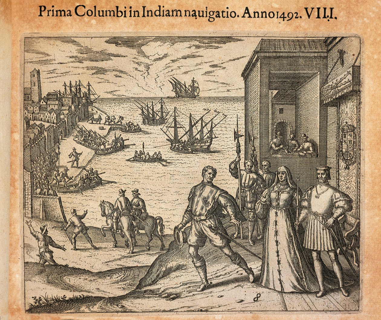 Izabella királynő és Ferdinánd király Kolumbusz Kristóf távozását üdvözlik Palosban, Spanyolországban, Theodor de Bry (1528-1598) metszete alkotó: Theodore de Bry