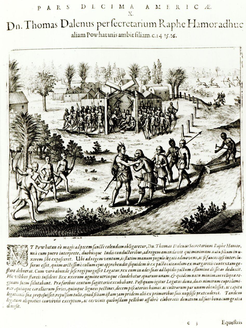 Ralph Hamor ellátogat Powhatanba, 1619 (metszet) (bw fotó) alkotó: Theodore de Bry