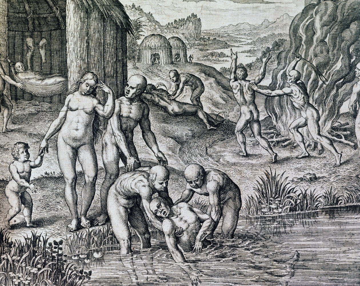 A bennszülöttek által használt gyógymódok betegségek ellen, metszet a Historia America-ból, Theodor de Bry (1528-1598), Frankfurt alkotó: Theodore de Bry