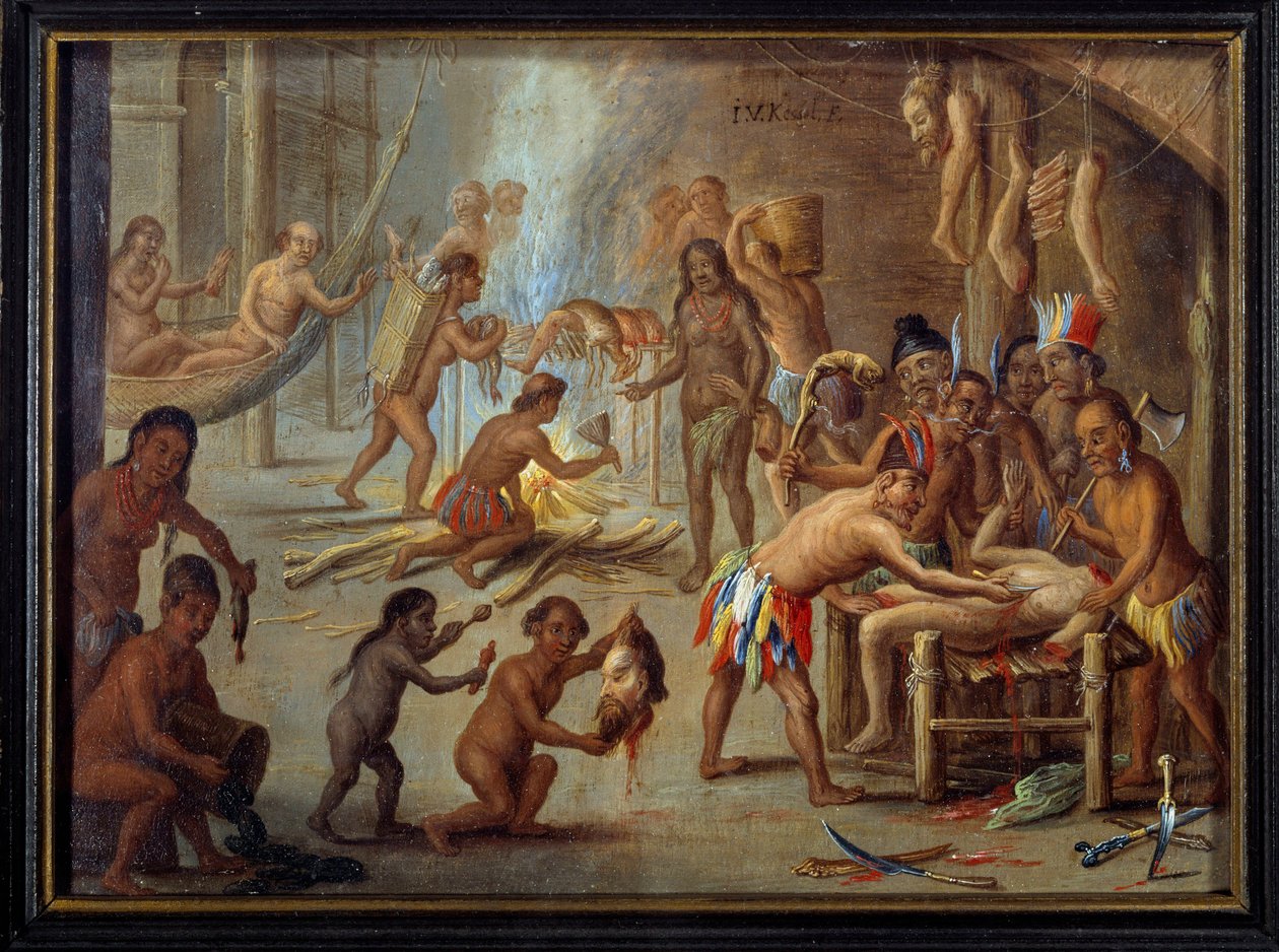 A kannibalizmus színtere Brazíliában 1644-ben Az indiánok felfalták ellenségeiket és foglyaikat. Jan van Kessel dit le vieux (1626-1679) (ec.flam.) festménye Theodore de Bry brazíliai utazásainak illusztrációjáról. Nap. 0,18x0,24 m La Rochelle, musee d alkotó: Theodore de Bry