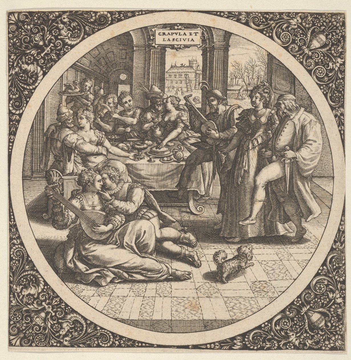 Jelenet Galantsszal egy banketten egy körben a központban, 1580-1600. alkotó: Theodore de Bry