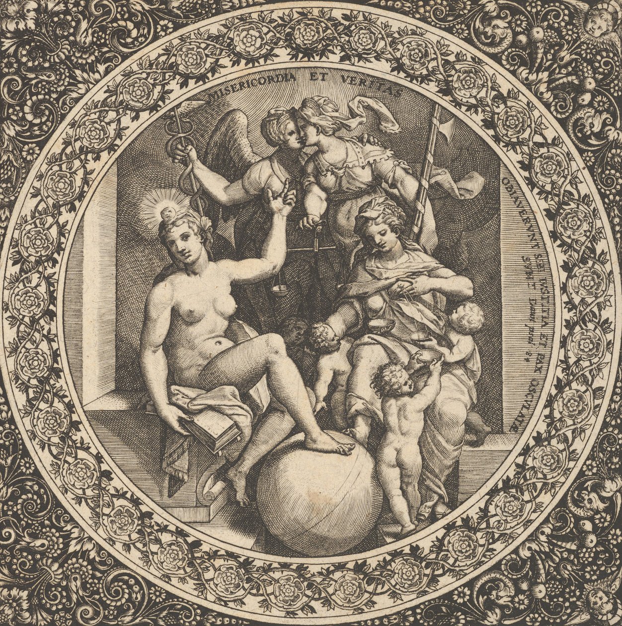 Jelenet Misericordiával és Veritassal egy körben a középpontban, 1580-1600. alkotó: Theodore de Bry