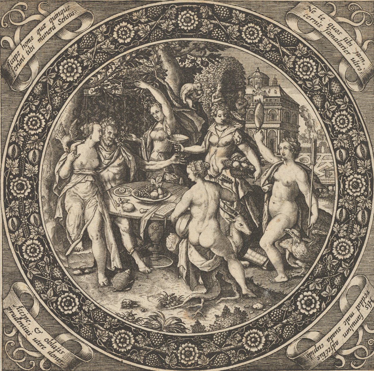 Jelenet a szerelem lakomájával egy körben a központban, 1580-1600. alkotó: Theodore de Bry