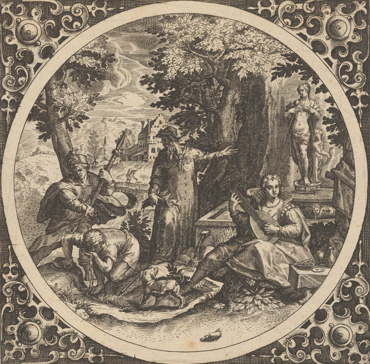 Jelenet a nemi betegségek elleni figyelmeztetéssel egy körben középen, 1580-1600. alkotó: Theodore de Bry