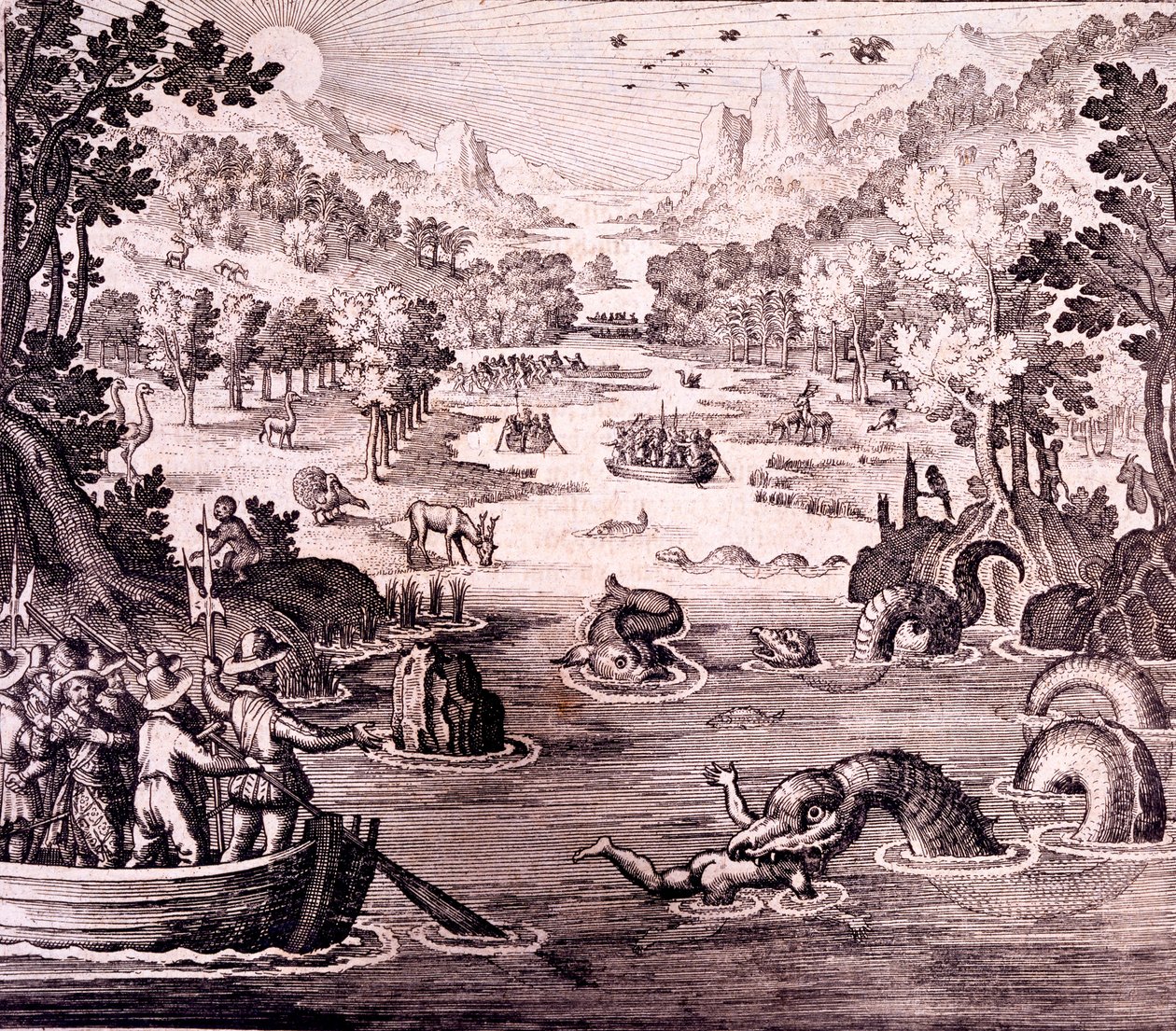 Sir Walter Raleigh: Guyana nagy, gazdag és gyönyörű birodalmának felfedezése, a Newe Weld un Americanische Historien című művéből, Johann Ludwig Gottfried, 1631 alkotó: Theodore de Bry