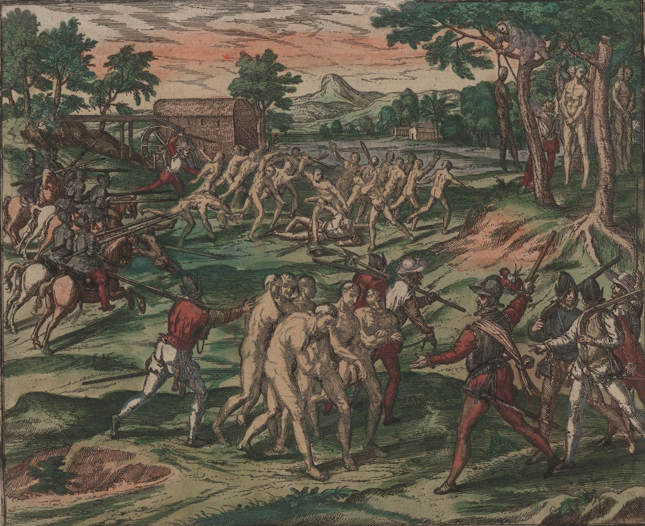 A rabszolgák megpróbálják legyőzni spanyol tulajdonosaikat, de elfogják és felakasztják a fákra, 1595. alkotó: Theodore de Bry