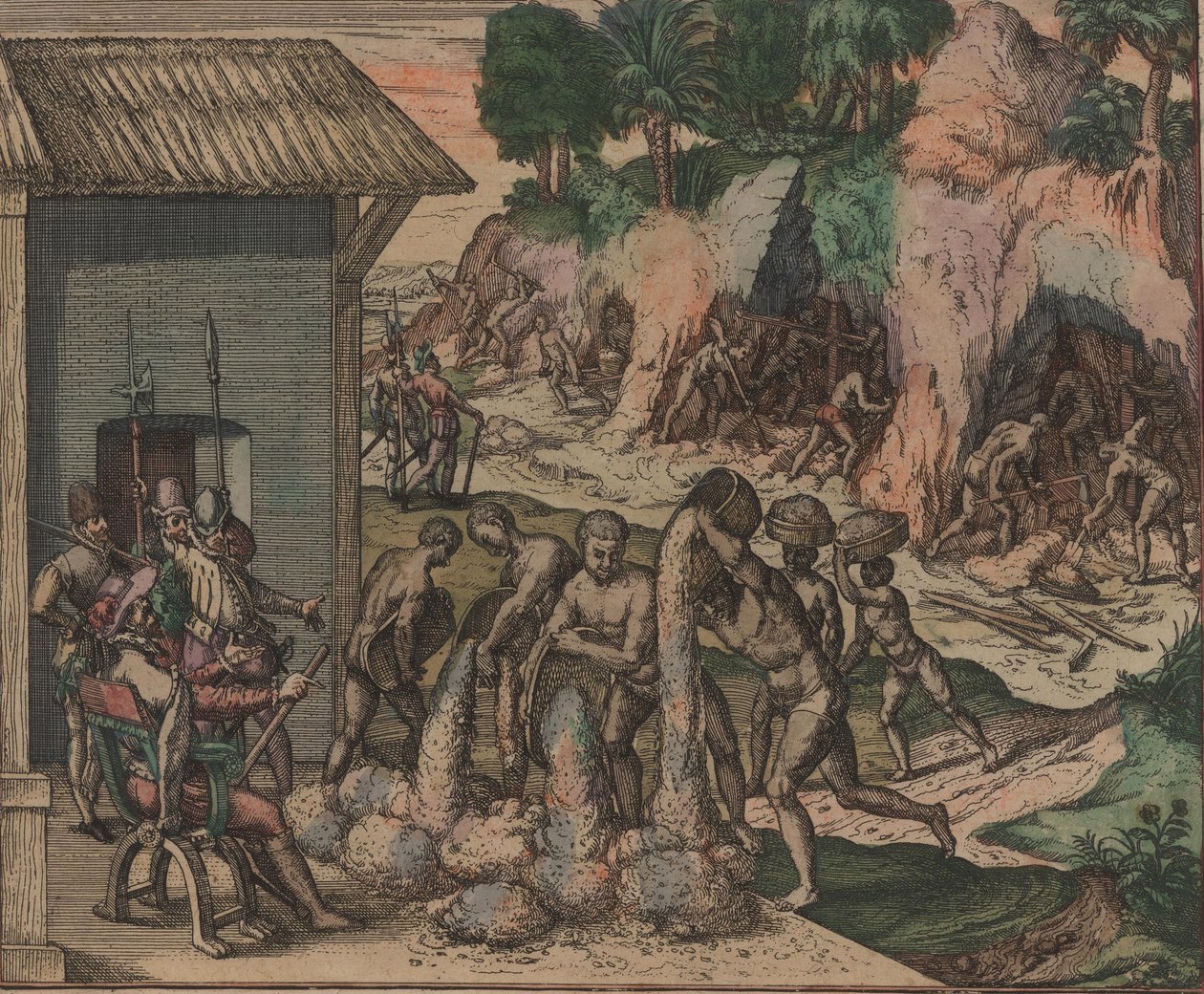 A rabszolgák ércet öntenek az európai katonák elé. A háttérben rabszolgák dolgoznak a bányákban, 1595. alkotó: Theodore de Bry
