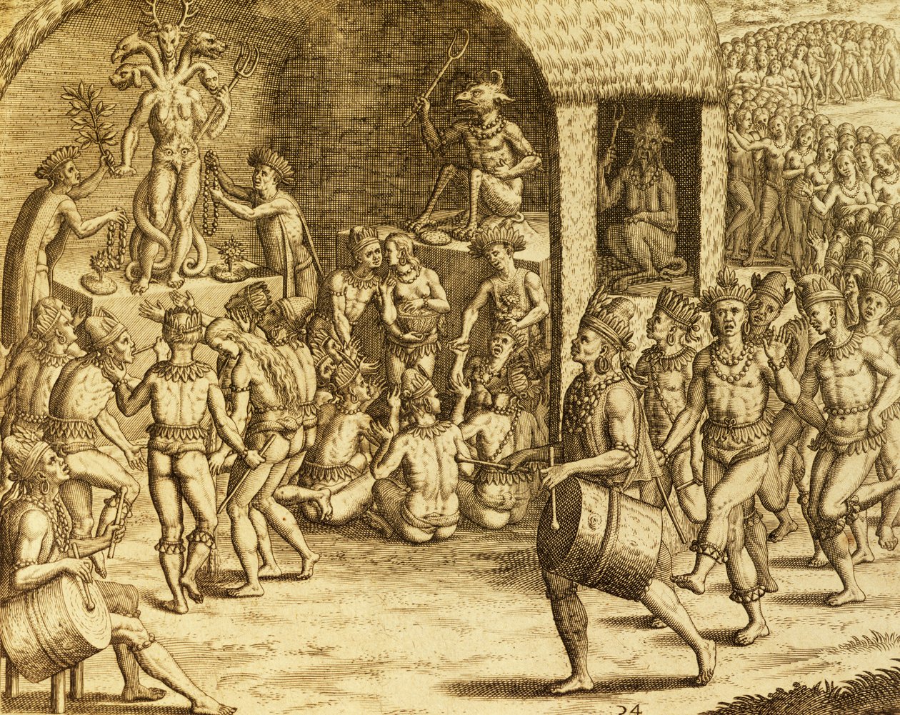 Dél-amerikai őslakos vallási rítus, metszet a Historia americae-ből, Theodor de Bry (1528-1598), Frankfurt alkotó: Theodore de Bry