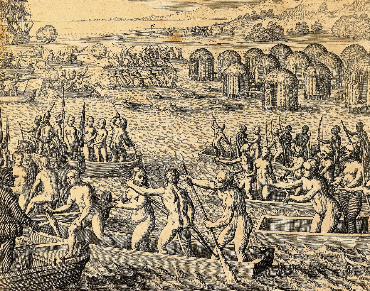 Dél-amerikai bennszülöttek támadják a hódítók hajóit alkotó: Theodore de Bry