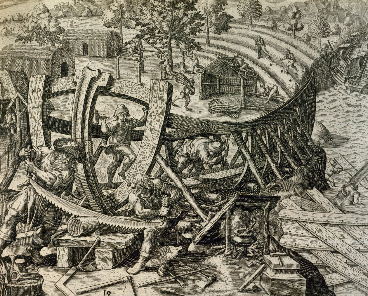 Karavellát építő spanyol tengerészek, metszet a Historia Americae-ból, Theodor de Bry (1528-1598) alkotó: Theodore de Bry