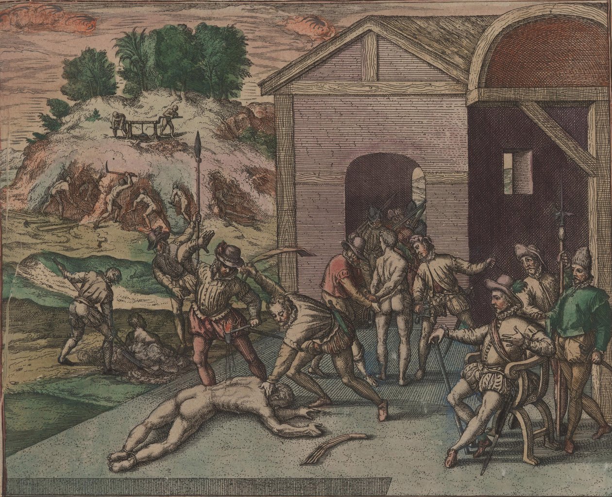 A spanyol katonák megfigyelik és végrehajtják egy rabszolga megbüntetését, 1595. alkotó: Theodore de Bry