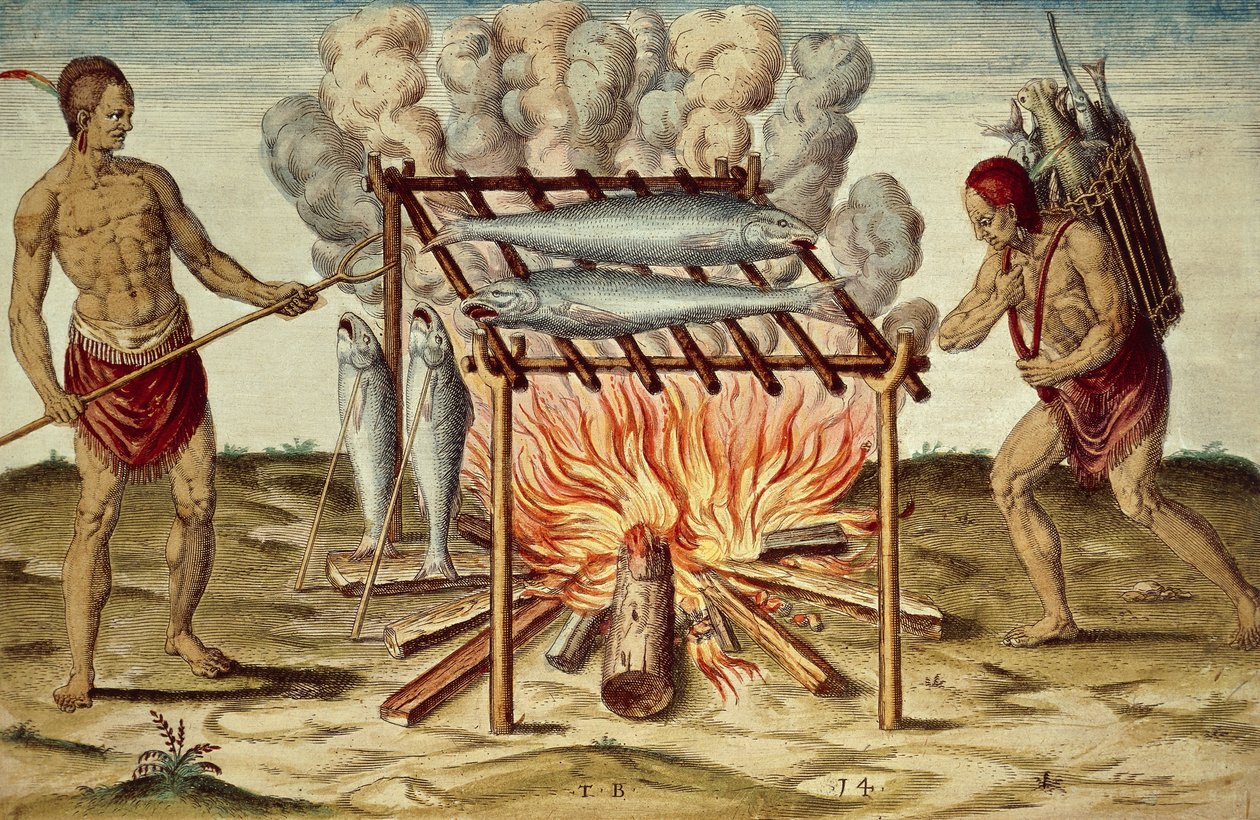 Taino bennszülöttek halat főznek, Theodor de Bry (1528-1598) színes metszete John White festményéből, rövid és igaz beszámoló Virginia új megtalált földjéről alkotó: Theodore de Bry