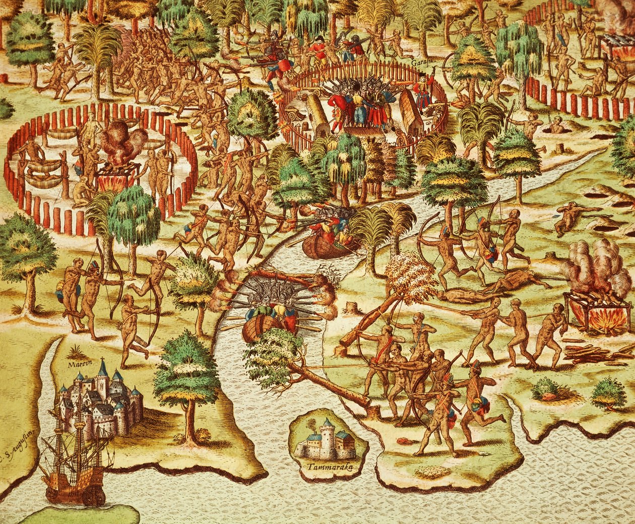 Az ostrom és támadás technikái, metszet Theodor de Bry (1528-1598), az Americae tertia pars-ból alkotó: Theodore de Bry