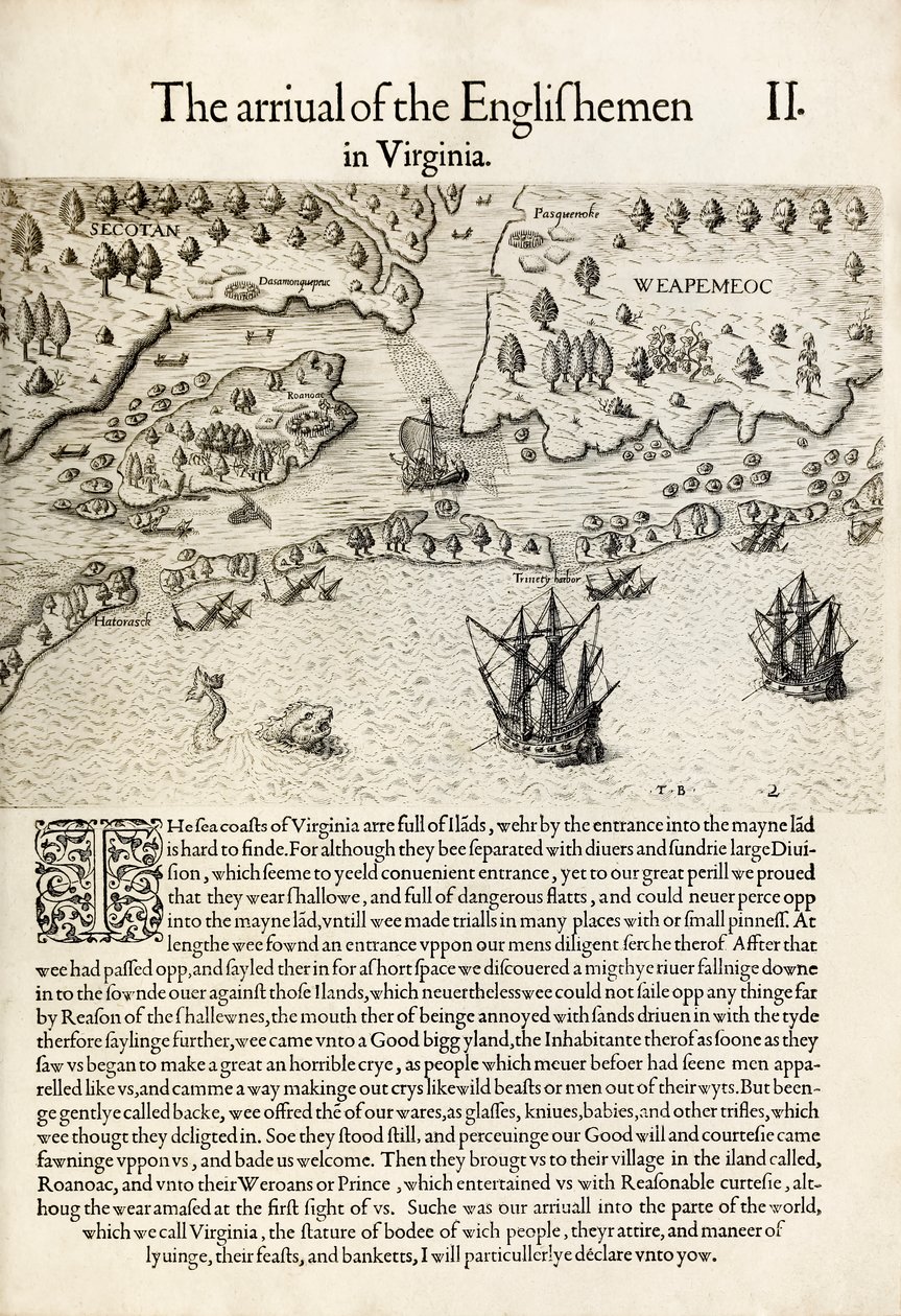 „Az angolok érkezése Virginiába” Thomas Harriot „A Briefe and True Report of the New Found Land of Virginia” című könyvéből (metszet) alkotó: Theodore de Bry
