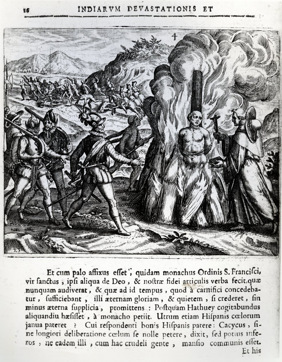 Hatuey felgyújtása a spanyolok által a kubai Yara városában, 1512. február 2-án, 1664. alkotó: Theodore de Bry