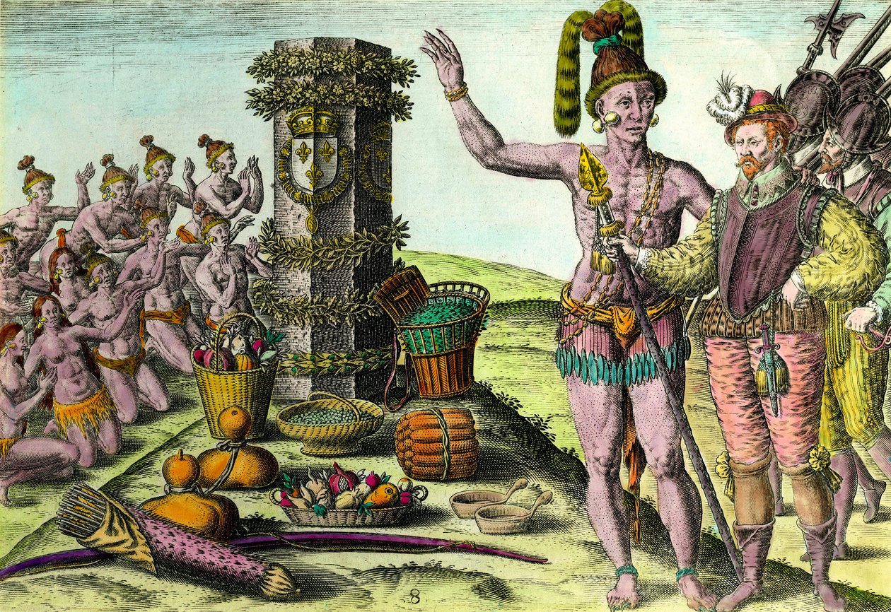 A floridaiak érkeztek Jean Ribault (1520-1565) francia navigátor oszlopos erigéje az első floridai expedícióhoz. Metszet Theodore De Bry (1528-1598) „Amerika történelméből” 16. századi magángyűjtemény alkotó: Theodore de Bry