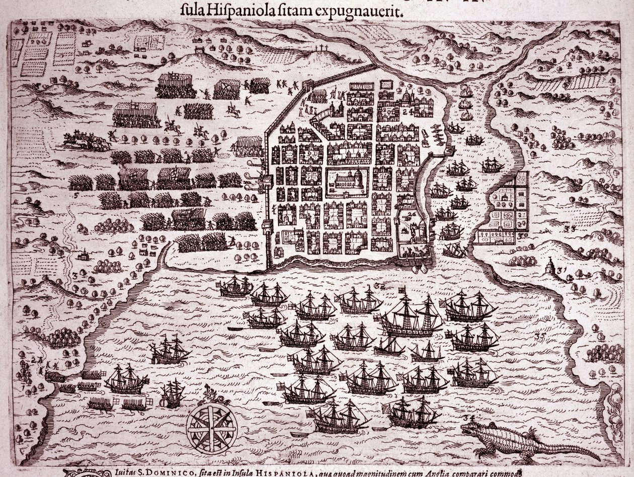 A Francis Drake flotta Santo Domingo szigetét foglalja el (metszet alkotó: Theodore de Bry