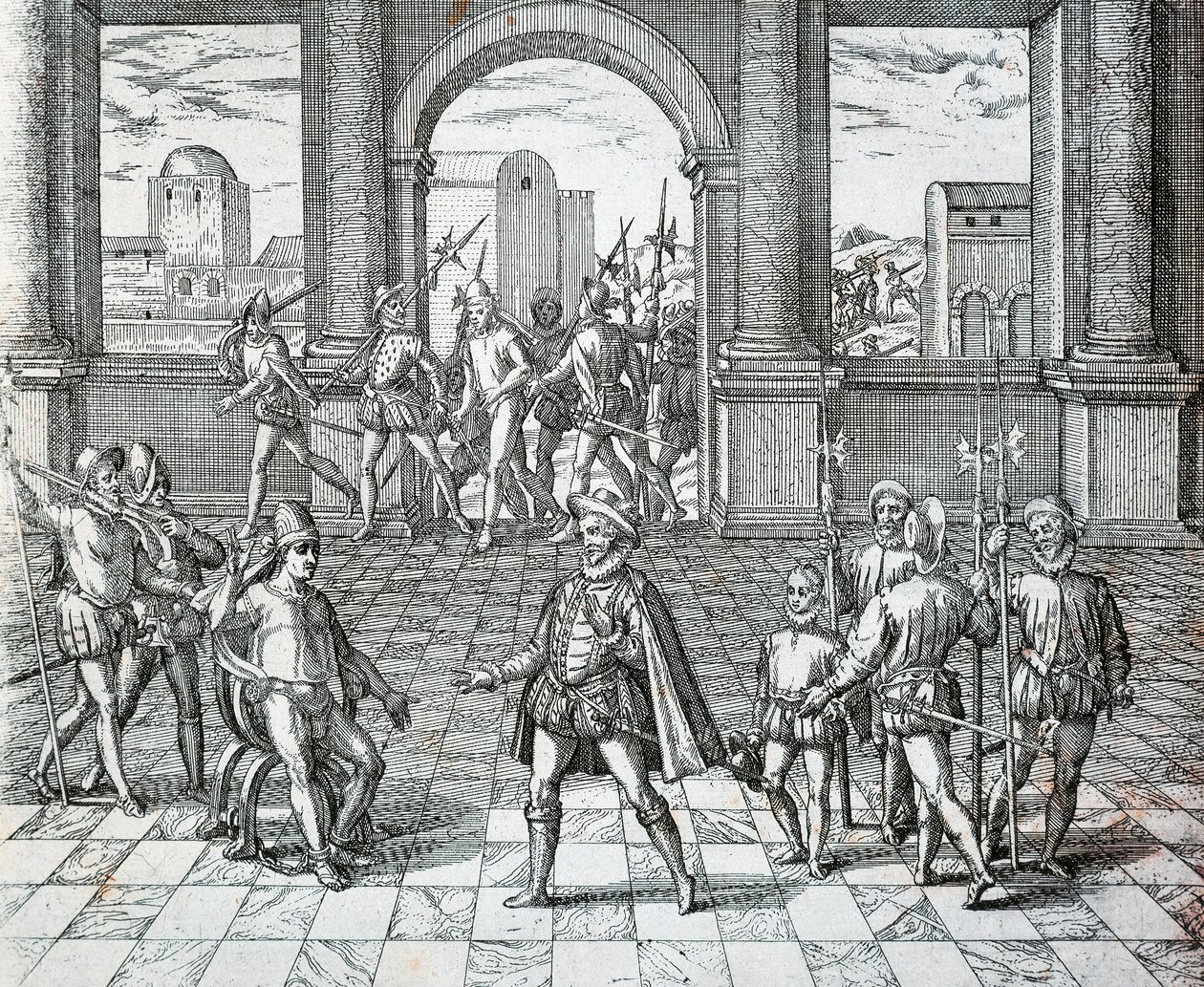 Atahualpa inka király spanyol fogságba esett Cajamarcában, Theodore de Bry illusztrációja az amerikai történelemből alkotó: Theodore de Bry