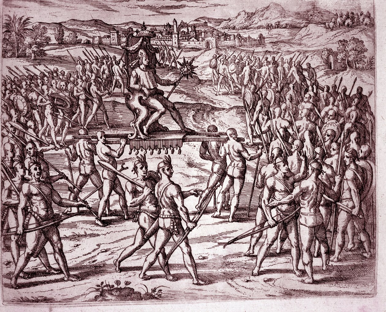 Az inka királyt, Atahualpa (vagy Atabaliba) napformájú jogart tartva egy almon viszik, hogy találkozzon Francisco Pizarroval (metszet alkotó: Theodore de Bry