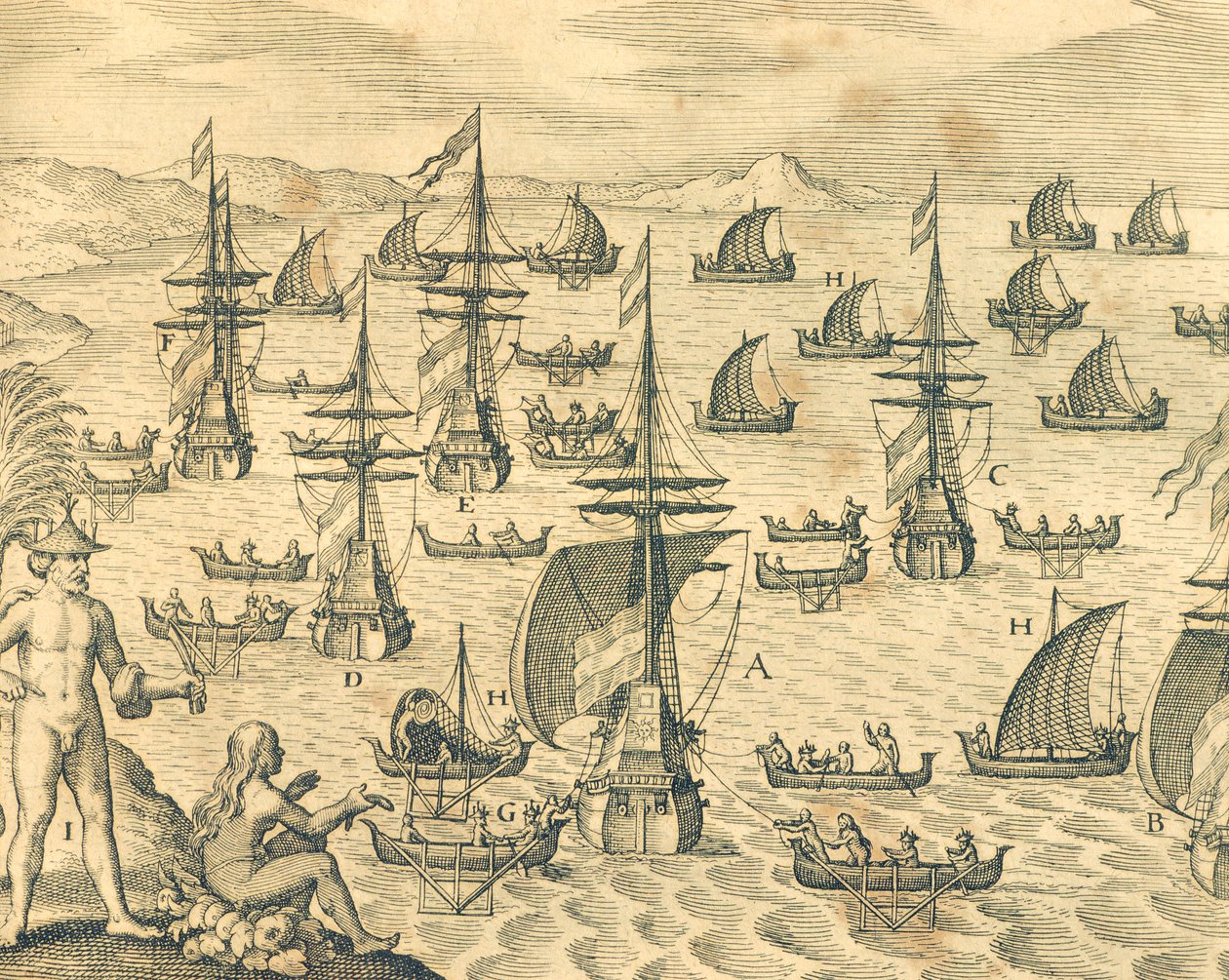A tolvajok szigete, metszet Theodore de Bry Amerikai történelem című művéből, Észak-Amerika 17. század. alkotó: Theodore de Bry