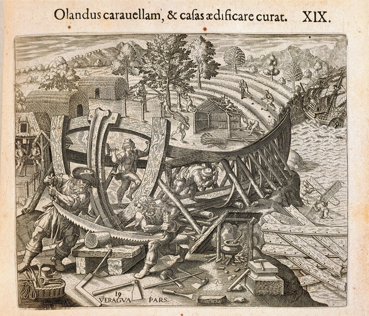 A spanyolok építik első hajójukat az Újvilágban, az amerikai Theodor de Bry (1528-1598) metszetét alkotó: Theodore de Bry