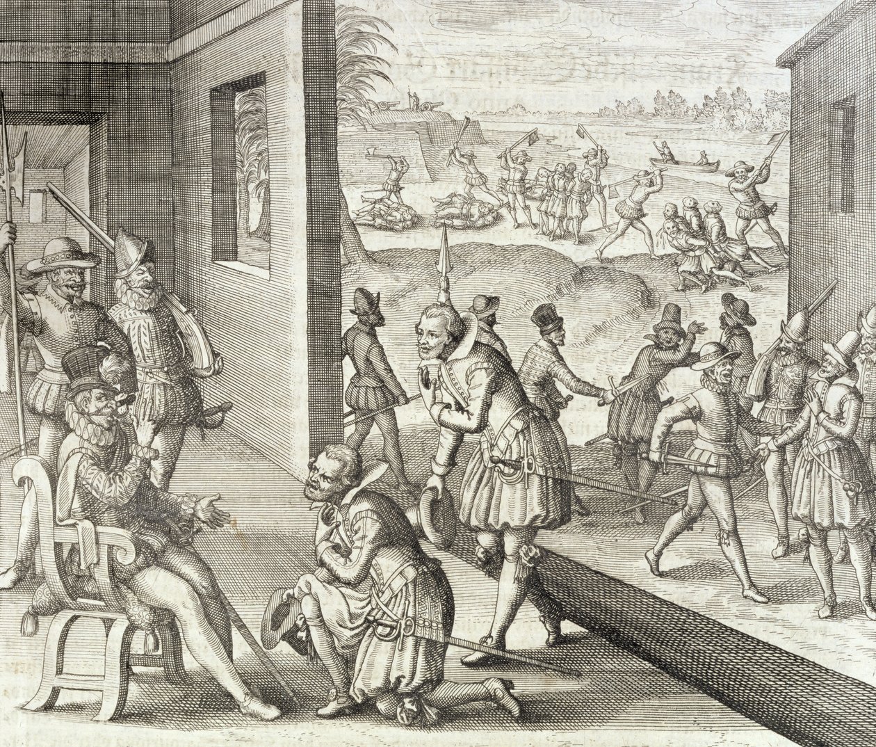 A spanyolok elfoglalják Fort Caroline-t, 1565, Johann Ludwig Gottfried "Newe Welt und Americanische Historien" című művéből, kiadta Mattaeus Merian, Frankfurt, 1631. alkotó: Theodore de Bry