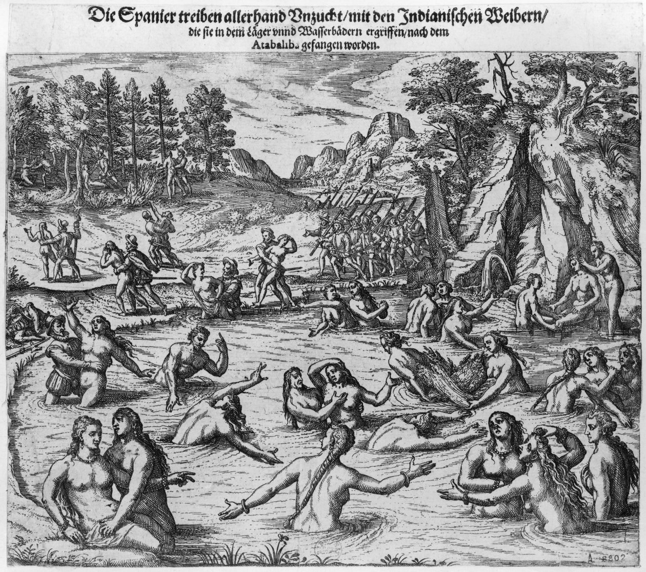 A spanyolok bántalmazták az indiai nőket Atahualpa király (kb. 1502-33) 1532-es elfogása után alkotó: Theodore de Bry