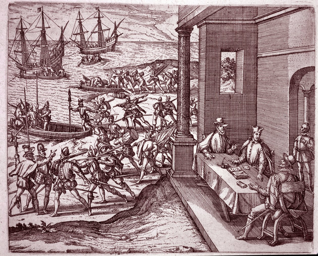 Francisco Pizarro, Diego de Almagro és Hernando de Luque spanyol hódítók egyesítették erőiket Peru meghódítására (metszet alkotó: Theodore de Bry